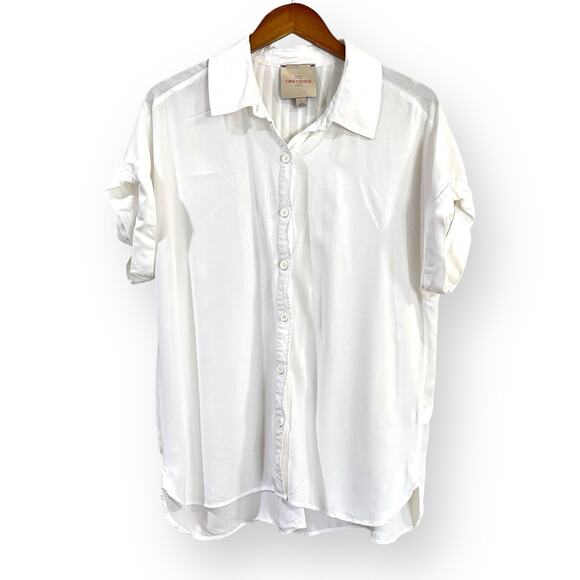 Casa Cabana Sammie White Blouse Button Up Pleated Back Cuffed Womens Size Large - Picture 1 of 9